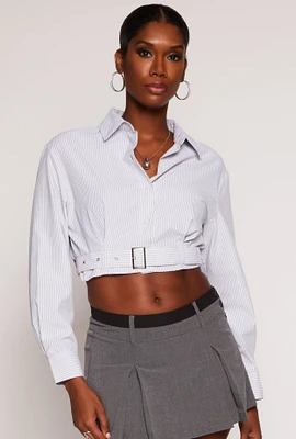 Womens Striped Belted Button Front Shirt, White, Size L