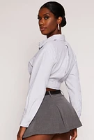 Womens Striped Belted Button Front Shirt, White, Size M