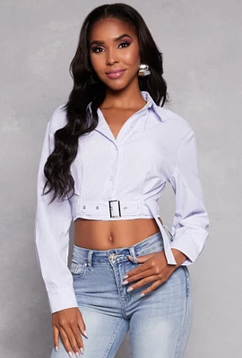 Womens Striped Belted Button Front Shirt, Blue, Size S