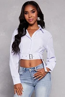 Womens Striped Belted Button Front Shirt, Blue, Size S