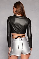 Womens Faux Leather Fleece Lined Tie Waist Crop Top, Black,