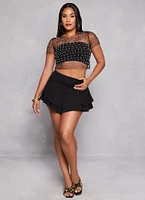 Womens Haute Monde Mesh Rhinestone Faux Pearl Short Sleeve Top,