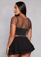 Womens Haute Monde Mesh Rhinestone Faux Pearl Short Sleeve Top,