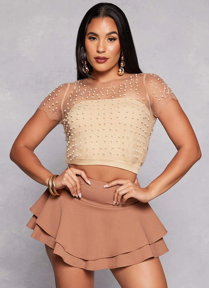 Womens Haute Monde Mesh Rhinestone Faux Pearl Short Sleeve Top, Beige, Size S