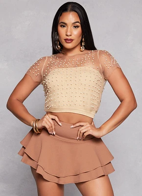 Womens Haute Monde Mesh Rhinestone Faux Pearl Short Sleeve Top, Beige, Size S