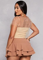 Womens Haute Monde Mesh Rhinestone Faux Pearl Short Sleeve Top, Beige, Size S