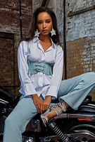 Womens Haute Monde Pleated Waist Button Front Shirt, White, Size S