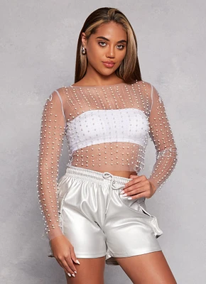 Womens Haute Monde Mesh Rhinestone Faux Pearl Top, White,