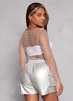 Womens Haute Monde Mesh Rhinestone Faux Pearl Top, White,