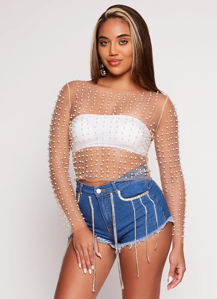 Womens Haute Monde Mesh Rhinestone Faux Pearl Top,