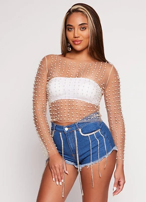 Womens Haute Monde Mesh Rhinestone Faux Pearl Top,