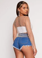 Womens Haute Monde Mesh Rhinestone Faux Pearl Top,