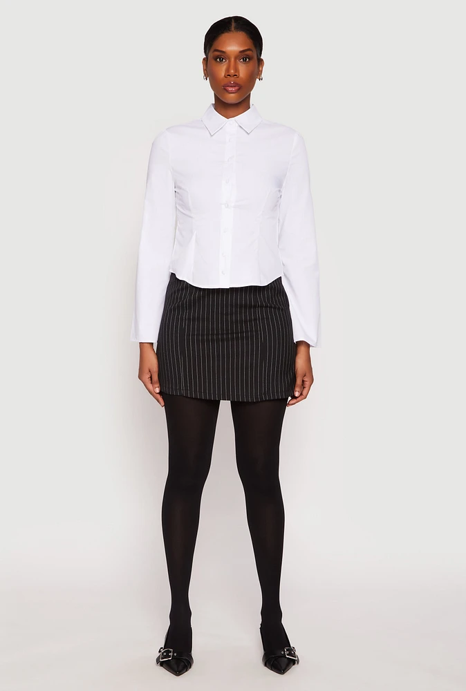Womens Long Sleeve Button Front Shirt, White, Size S