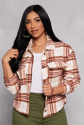 Womens Fleece Plaid Button Front Shacket, Brown,