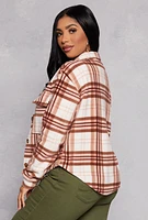 Womens Fleece Plaid Button Front Shacket, Brown,