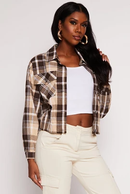 Womens Brushed Knit Plaid Cropped Shacket, Brown, Size M