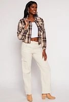Womens Brushed Knit Plaid Cropped Shacket, Brown, Size M