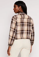 Womens Brushed Knit Plaid Cropped Shacket, Brown, Size M