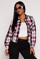 Womens Brushed Knit Plaid Cropped Shacket, Pink, Size M