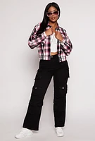 Womens Brushed Knit Plaid Cropped Shacket, Pink, Size M