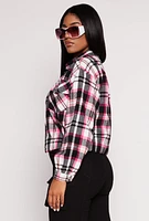 Womens Brushed Knit Plaid Cropped Shacket, Pink, Size M