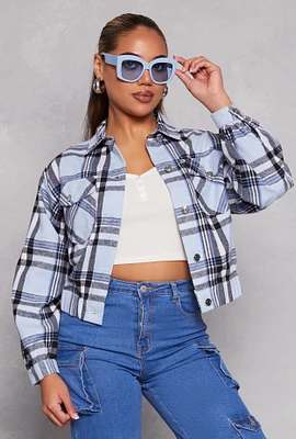 Womens Brushed Knit Plaid Cropped Shacket, Blue, Size M