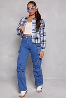 Womens Brushed Knit Plaid Cropped Shacket,