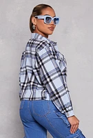 Womens Brushed Knit Plaid Cropped Shacket,