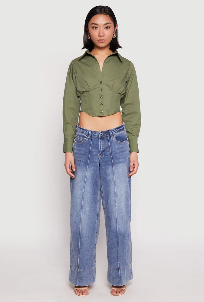Womens Smocked Waist Button Front Blouse, Green,