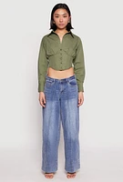Womens Smocked Waist Button Front Blouse, Green,