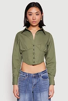 Womens Smocked Waist Button Front Blouse, Green,