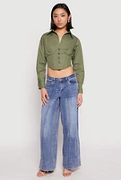 Womens Smocked Waist Button Front Blouse, Green,