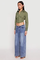 Womens Smocked Waist Button Front Blouse, Green,