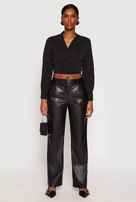 Womens Rhinestone Tie Front Top, M