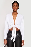 Womens Rhinestone Tie Front Top, White, Size XL