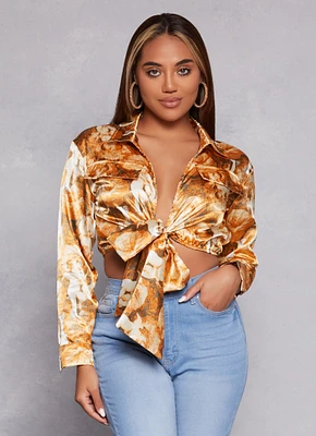 Womens Satin Printed Long Sleeve Tie Front Blouse,