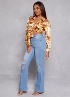 Womens Satin Printed Long Sleeve Tie Front Blouse,