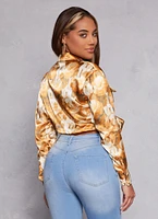 Womens Satin Printed Long Sleeve Tie Front Blouse,