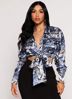 Womens Satin Printed Long Sleeve Tie Front Blouse, Blue, Size S