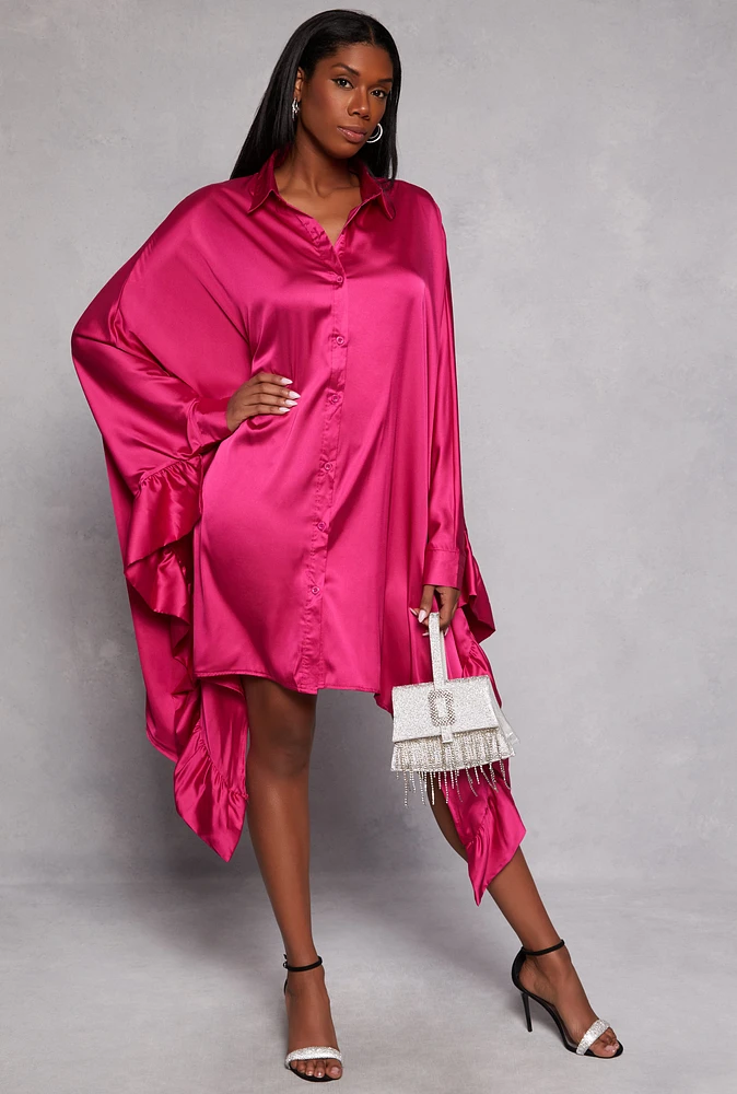 Womens Satin Oversized Ruffled Batwing Shirt Dress, Pink, Size M