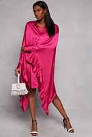 Womens Satin Oversized Ruffled Batwing Shirt Dress, Pink, Size M