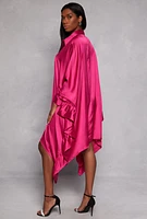 Womens Satin Oversized Ruffled Batwing Shirt Dress, Pink, Size M