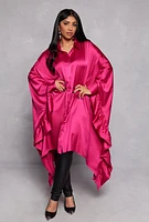 Womens Satin Oversized Ruffled Batwing Shirt Dress, Pink, Size M