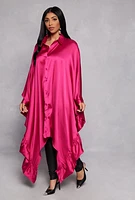 Womens Satin Oversized Ruffled Batwing Shirt Dress, Pink, Size M