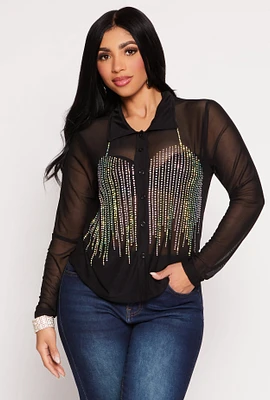 Womens Mesh Rhinestone Studded Button Front Shirt,