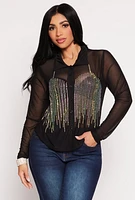 Womens Mesh Rhinestone Studded Button Front Shirt, M