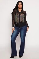 Womens Mesh Rhinestone Studded Button Front Shirt, M