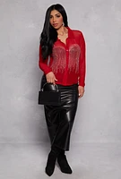 Womens Mesh Rhinestone Studded Button Front Shirt, Red, Size S