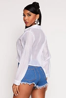 Womens Organza Rhinestone Studded Crop Top, White, Size M