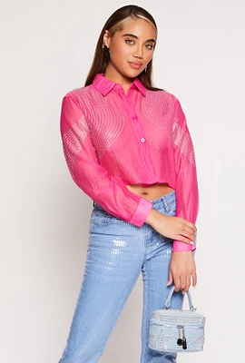 Womens Organza Rhinestone Studded Crop Top, Pink,